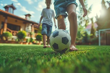 Low angle shot capturing the action of a child running to kick a soccer ball, with lush greenery around