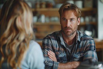 A man in a plaid shirt engaging in a serious conversation with a female across the table in a rustic kitchen