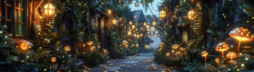 A street scene with a lot of lights and mushrooms