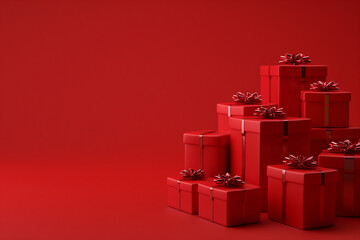 Valentine's Day red gift boxes in red isolated background.