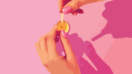 Woman applying oil onto cuticles on pink background 