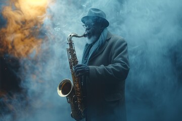 Obraz premium A mysterious silhouette of a jazz musician plays the saxophone within swirls of smoke, creating a moody, artistic scene