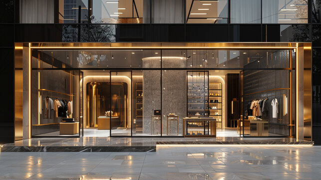 A glamorous, high-end fashion boutique with a sleek, black glass faÃ§ade and a elegant, gold accents