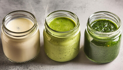 Three tasty detox drinks in glass mason jar. Apple, spinach, kale cocktail. Delicious green beverage