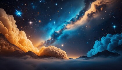 an image of a space scene with stars in the sky and a blue and yellow cloud in the middle of the image