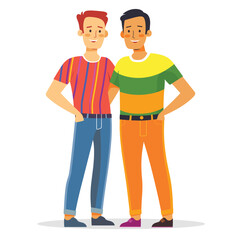 Two cartoon male friends standing together smiling. Adult characters, casual clothing, friendship concept, flat design illustration