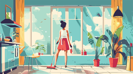 Woman cleaning window at home style vector 