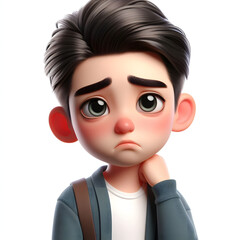 Asian cartoon character boy, young man portrait, male, Sad mood, feeling expression concept, Isolated on a white background