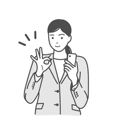 スマホを片手に持ちオーケーポーズをするスーツ姿の笑顔の女性のベクターイラスト素材　モノクロ、白バック、背景なし	