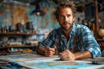 A thoughtful male artist with a map holds a pencil in a contemplative pose in a well-equipped art studio