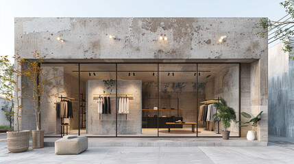 Minimalist clothing boutique facade with subtle textures and neutral colors