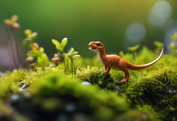 Obraz premium Miniature Dinosaur Figurine on Moss: Imagining Prehistoric Times