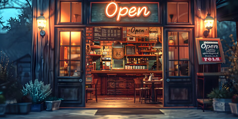 Open On Caffe Or Restaurant Hang On Door At Entrance