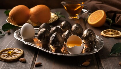 easter greetings on dark brown wooden background with chocolate eggs honey and oranges in the style...