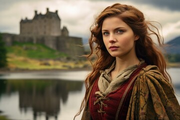 Majestic Scot woman skirt scottish castle. Tower palace. Generate Ai - obrazy, fototapety, plakaty