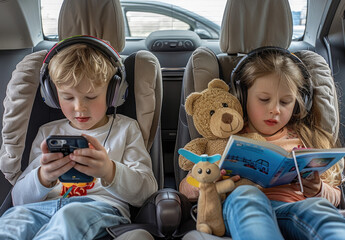two children sitting in the back seat of an SUV. One boy is playing on his phone with headphones while a girl reads a book holding her teddy bear toy.