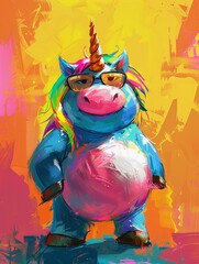 Fototapeta premium Vibrant digital art of a funny fat unicorn, designed with bold, lively colors to capture its adorable essence