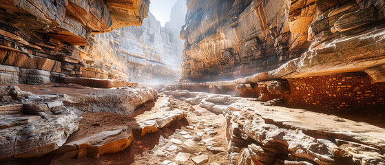 Narrow canyon path leading through ancient rock formations, a journey through the geological history of Petra - Powered by Adobe