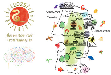 山形県の観光地のイラストマップ年賀状2025年