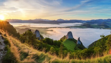 beautiful sunrise in mountains landscape panorama in sulov slovakia