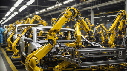 An automobile assembly line with yellow robotic arms welding car frames together.