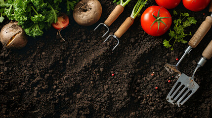 Fresh harvest with gardening tools on soil - Powered by Adobe