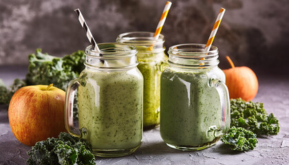 Three tasty detox drinks in glass mason jar. Apple, spinach, kale cocktail. Delicious green beverage