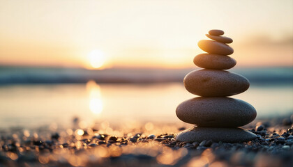 A serene stack of balanced stones on a calm beach, symbolizing peace and mindfulness.