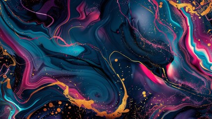 A mobile phone wallpaper with a colorful liquid marble texture, gold lines and abstract shapes. The background is a dark blue, purple and black, creating an atmosphere of mystery and luxury.