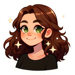 Playful Digital Illustration of a Smiling Girl with Wavy Brown Hair and Green Eyes, Decorated with Sparkling Stars