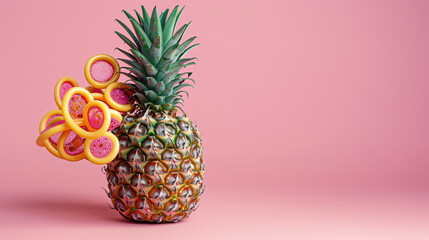 Fresh pineapple with curlers on color background