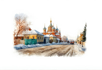 Russian winter landscape in watercolor style. - obrazy, fototapety, plakaty
