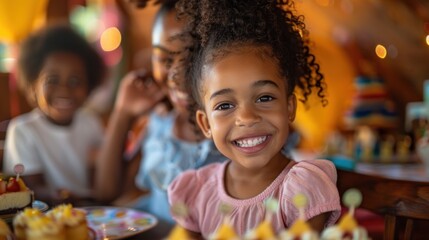 Attractive little black girl celebrates birthday with cake and candles Surrounded by pastel balloons and festive decorations.