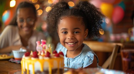 Attractive little black girl celebrates birthday with cake and candles Surrounded by pastel...