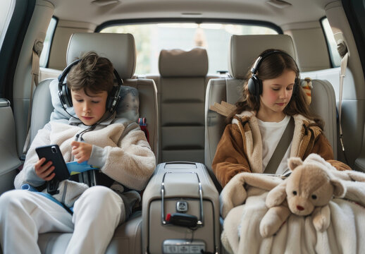 two children sitting in the back seat of an SUV. One boy is playing on his phone with headphones while a girl reads a book holding her teddy bear toy. - Powered by Adobe