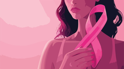 Woman holding pink ribbon closeup. Breast cancer concpt