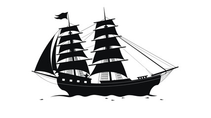 Black silhouette tall ship sails sea journey adventure. Sailing vessel ocean travel nautical theme graphic. Pirate ship illustration dark maritime antique boat isolated white background