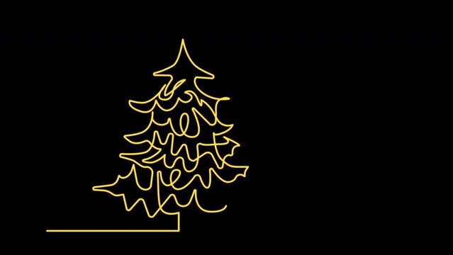 New Year tree, Christmas tree self drawing animation. Golden spruce and christmas colorful decorations.	
