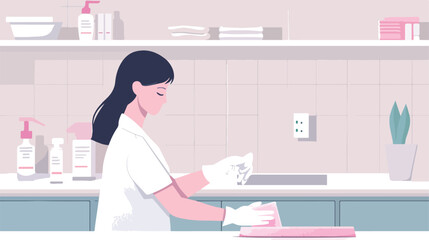 Woman in medical glove wiping surface with pink washing 