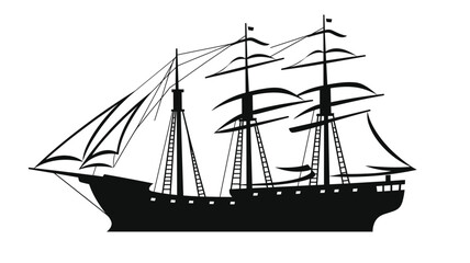 Black silhouette tall sailing ship, intricate rigging, sails billowing, maritime transport, historical vessel. Oldfashioned sailboat silhouette isolated white background, nautical theme, exploration