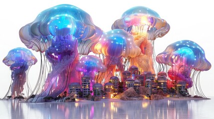 Obraz premium A colorful, fantastical scene of a city made of jellyfish