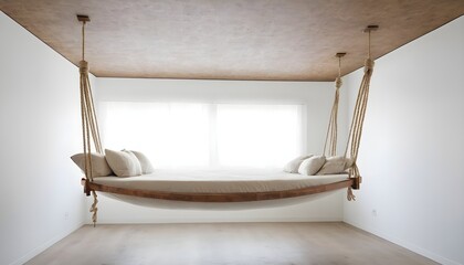 A floating bed suspended from the ceiling with ropes   (1)