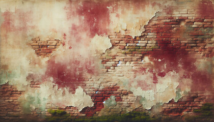 Verwitterte Wand mit abgeblätterter Farbe rot und beige auf einer alten Backsteinwand als Textur oder Hintergrund