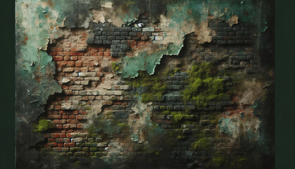 Verwitterte Wand mit abgeblätterter Farbe und Moos als Hintergrund oder Textur