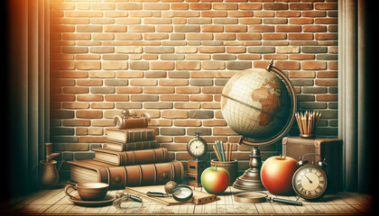 Deko Hintergrund oder Textur, braune Backsteinwand mit Deko Bücher und Globus