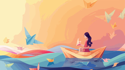 Woman making origami boat on color background
