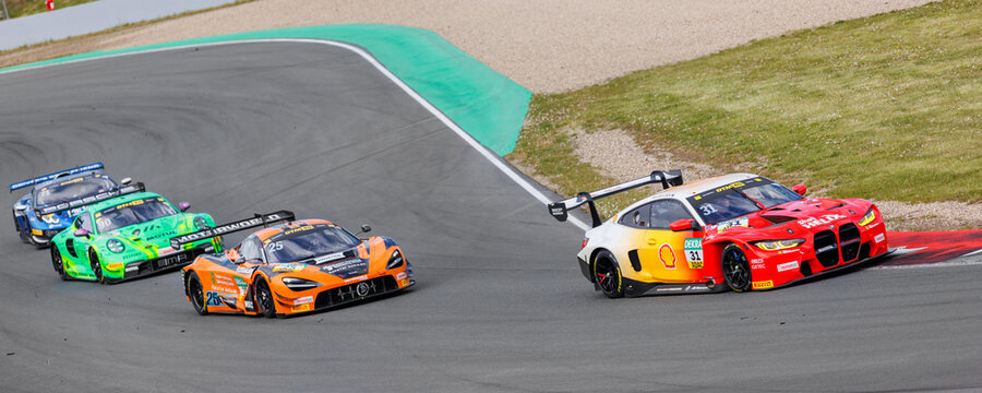 Oschersleben , Germany. 29th April, 2024.Scenic view battle fast Mercedes BMW Audi Lamborghini Ferrari Porsche DTM at Oschersleben Motorsport Arena race track. European motors auto sport competition