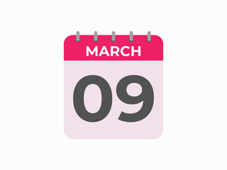March 9 calendar reminder. 9 March daily calendar icon template. Calendar 9 March icon Design template. Vector illustration
