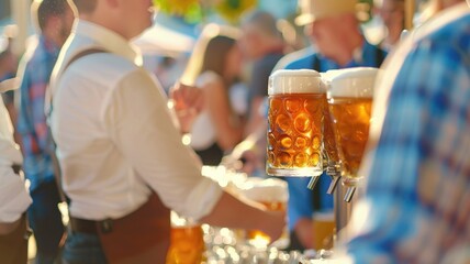 vibrant scene at an outdoor beer festival, where a bartender in traditional attire expertly pours golden beer into frothy mugs under the warm sunlight,