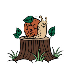 Cute cartoon snail on a tree stump. Vector illustration isolated on white 
